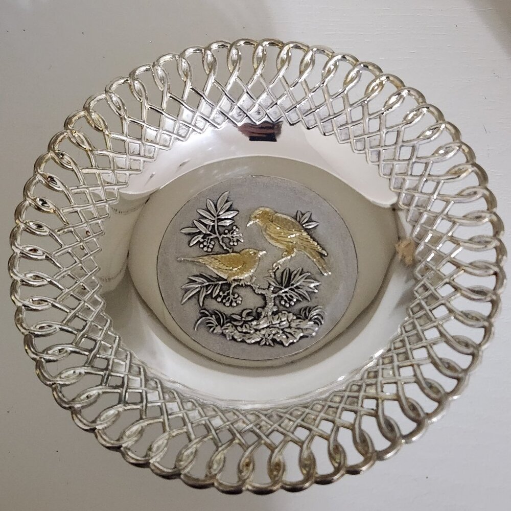 Vintage Brass Candy/ Fruit Bowl on Pedestal. Nickel Plated Decorative Bird